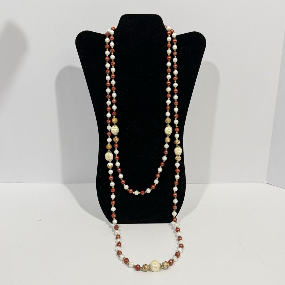 Vintage CORO Signed Faux Pearl Beaded Long Layering Necklace Cream Brown Gold - Picture 2 of 16